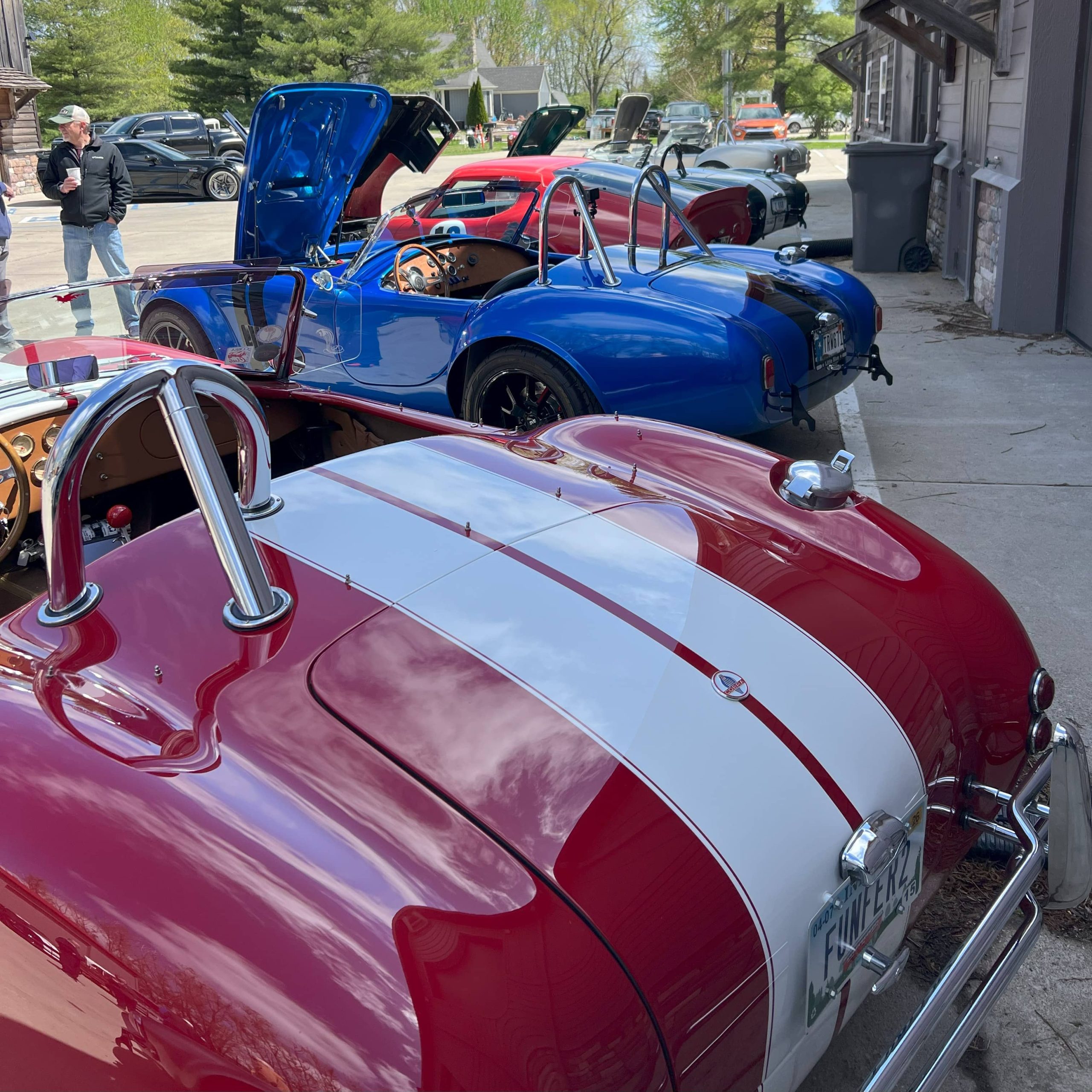 Rear view of red and blue Shelby Cobra-style roadsters with racing stripes, parked in a row at a car show with people in the background.